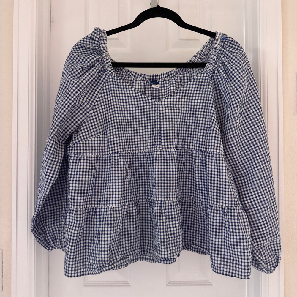 Old Navy Blue Gingham Peplum Top Size L